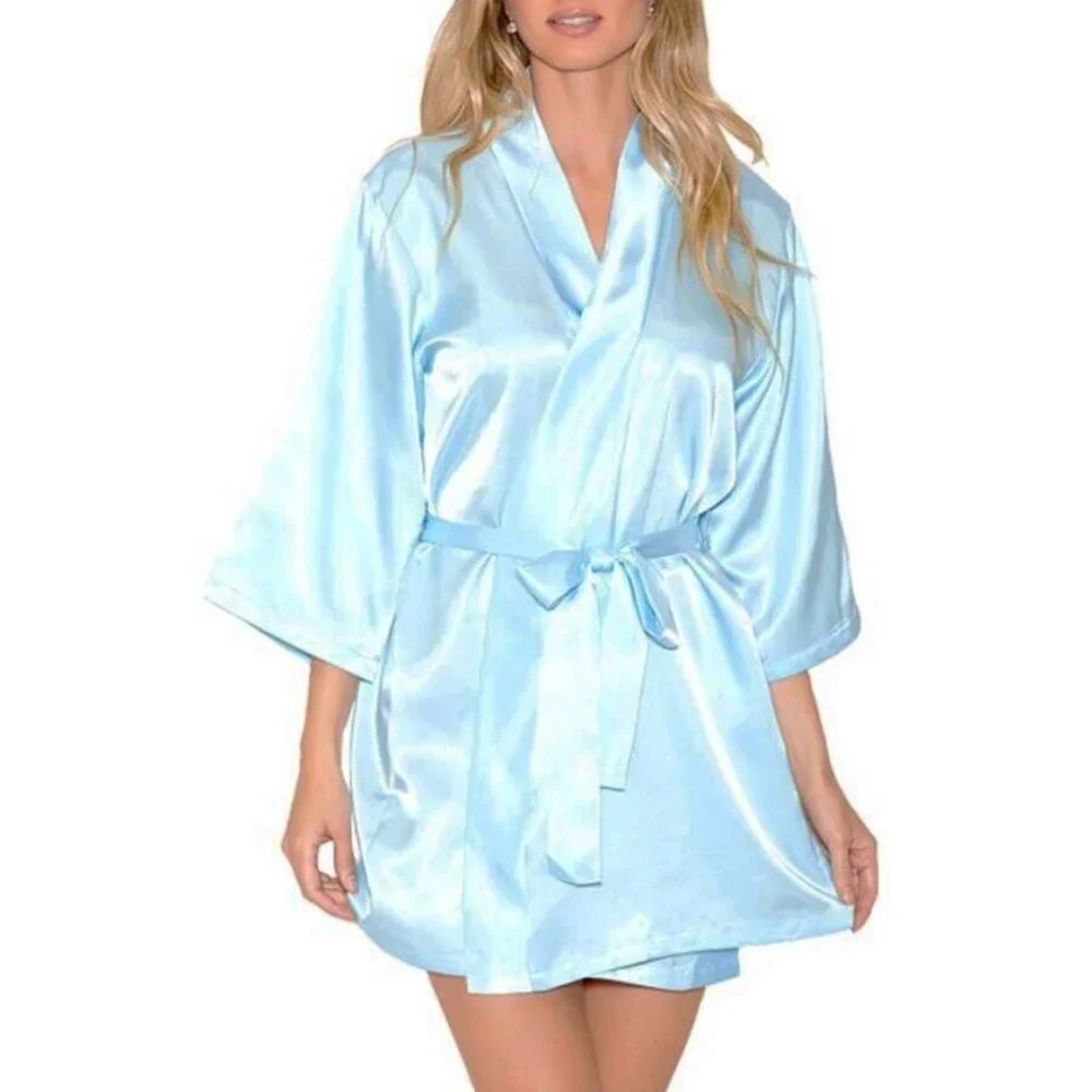 Satin Robe with Matching Sash Belt Womens L/XL Light Blue Sleepwear - Picture 3 of 7